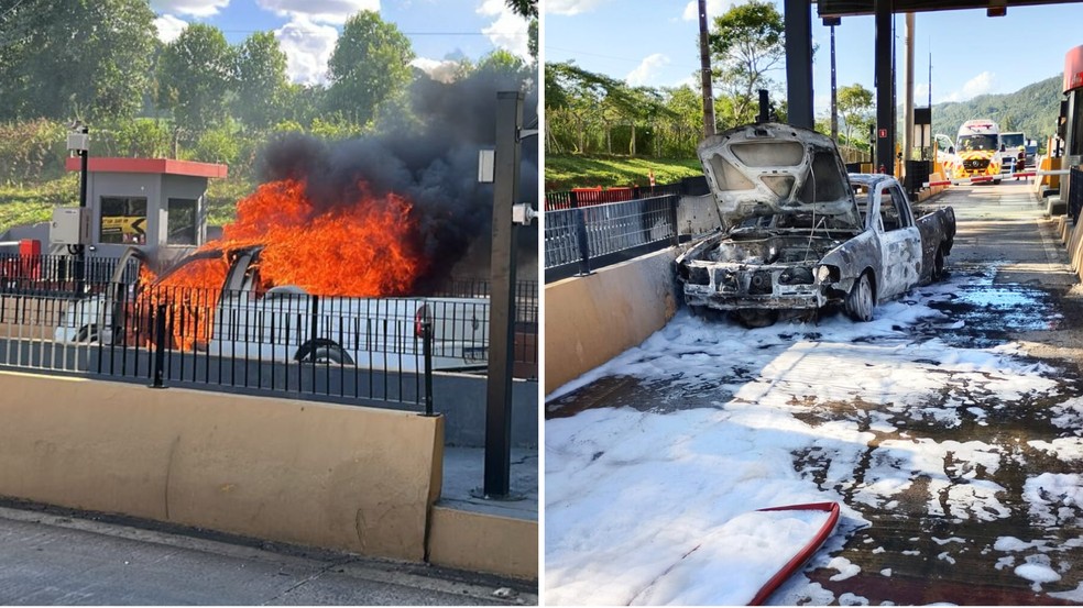 Picape pega fogo após passar por praça de pedágio na BR-376 entre Imbaú e Ortigueira