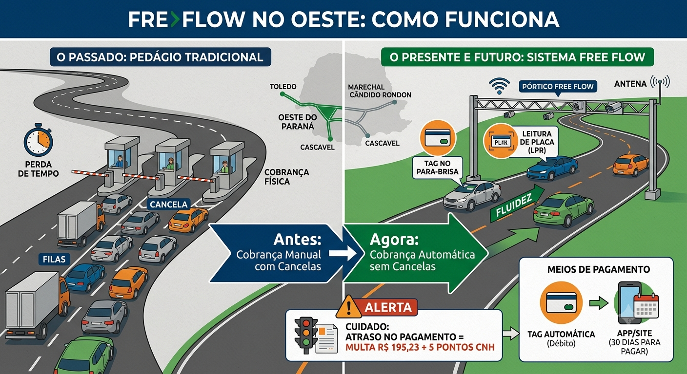 Sistema de pedágio eletrônico avança no Oeste do Paraná e motoristas se preparam para cobranças automáticas sem cancelas entre Toledo, Cascavel e Marechal Cândido Rondon