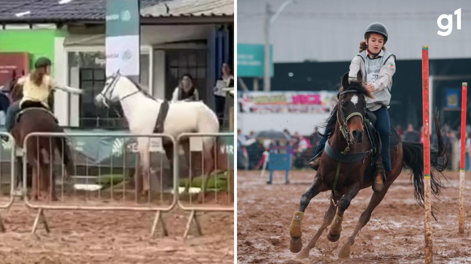 Kaila Jardim Boettcher e cavalo em momento de tensão na Expointer